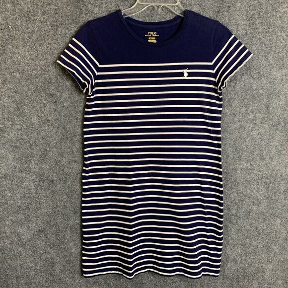 Polo Ralph Lauren Girls T- Shirt Knit Dress Size M Navy White Stripe Short Sleev - Picture 1 of 14